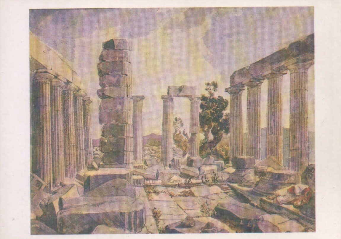 Kārlis Brilovs 1985. gads "Apolona Epikūrijas tempļa Figālijā iekšējais skats." mākslas pastkarte 15x10,5 cm 