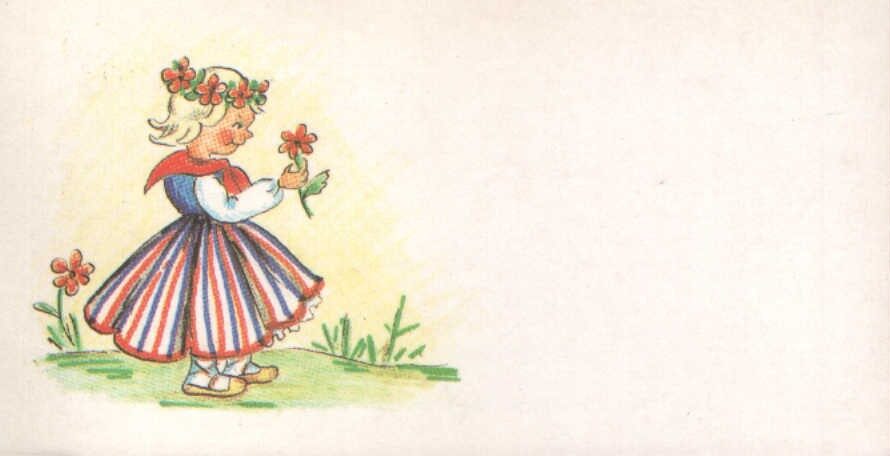 Apsveikuma mini pastkarte 1984. gada 11,5x5,5 cm K. Birze Tautas tērpi