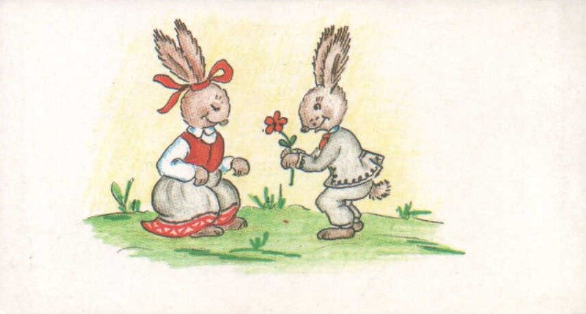 1984 mini greeting card 11,5x5,5 cm K. Birze Easter bunny