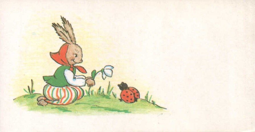 Apsveikuma mini pastkarte 1984. gada 11,5x5,5 cm K. Birze Lieldienu zaķis