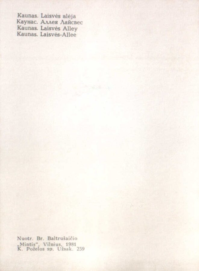 Lietuva. Kauņa. 1981. gada pastkarte. Laisves aleja. 10x13,5 cm Br. Baltrušaičio