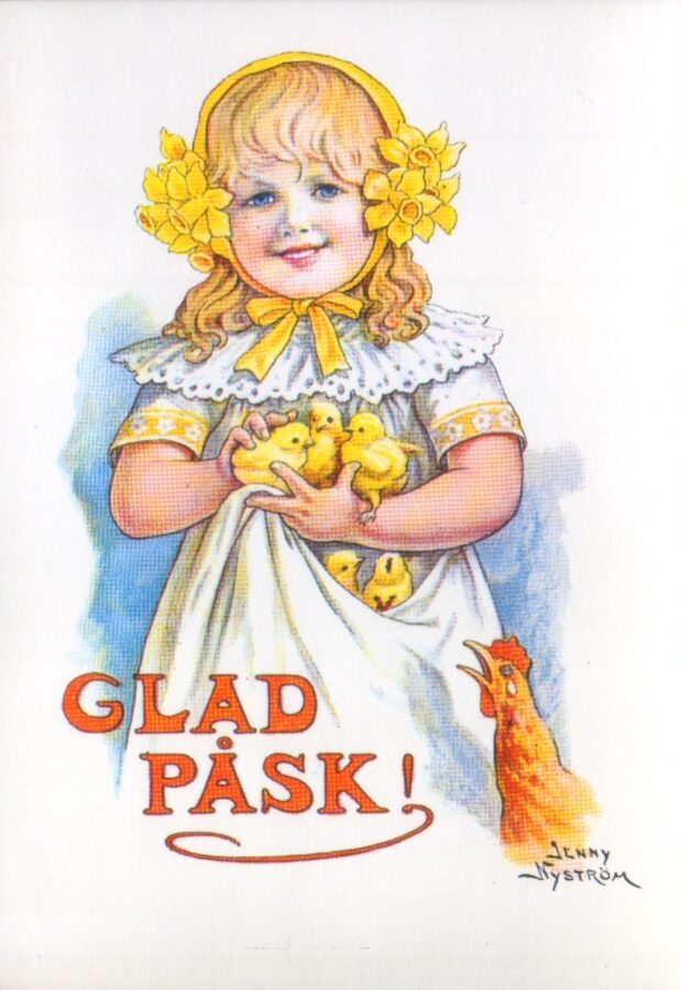 Apsveikuma pastkarte Glad påsk Priecīgas Lieldienas Jenny Nyström zviedru maksliniece-ilustrators 10,5x15 cm