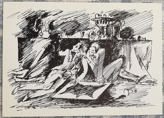 Zem klāta galda, Šagrīnas āda 1975 Aleksejs Kravčenko 15x10,5 cm pastkarte PSRS   