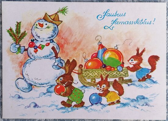 Snowman carries a sleigh with gifts 1990 Margarita Staraste 15x10.5 cm  