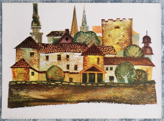 Vecrīgas skats 1971 Mihails Vaņins 14x10 cm Latvijas mākslas pastkarte  