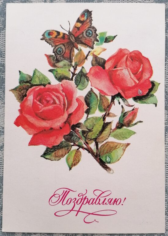 Tauriņš uz rožu ziediem 1982 PSRS pastkarte 10,5x15 cm  