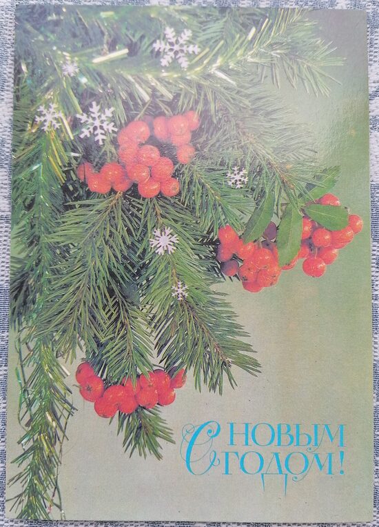 Red berries on a spruce branch 1987 New Year's card 10.5x15 cm USSR  