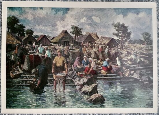Fishermen on the Northern Coast of Estonia 1971 Uutmaa Richard 15x10.5 cm art postcard USSR  