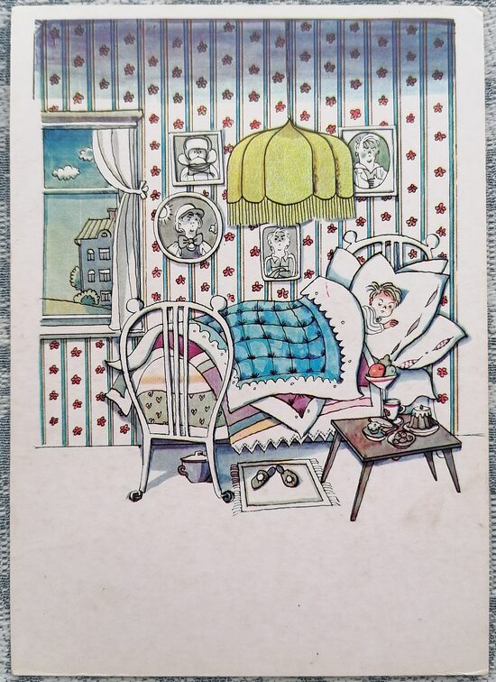 Vitja guļ uz trim spilveniem 1986 Biedri-bērni 10,5x15 cm pastkarte PSRS  