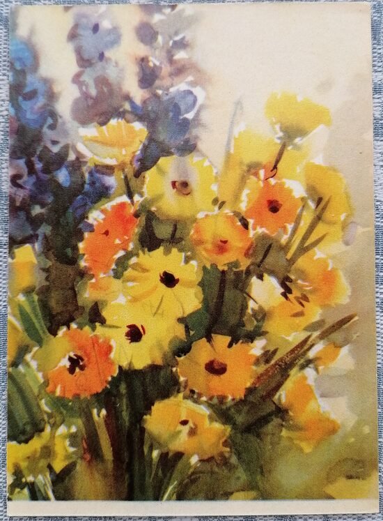 Dzelteni un zili ziedi 1962 Eduards Jurkelis 10,5x15 cm mākslas pastkarte Latvija  