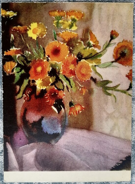 Dzeltenas samtenes vāzē 1962 Kārlis Sūniņš 15x10,5 cm mākslas pastkarte Latvija  