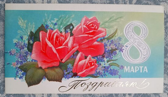 Bouquet of red roses with forget-me-nots 1981 USSR postcard March 8 17x9.5 cm  