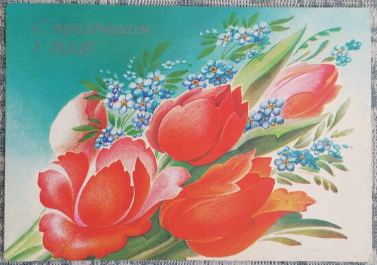 1. maijs Pušķis ar neaizmirstulītēm un narcisēm 1988 PSRS pastkarte 15x10,5 cm   