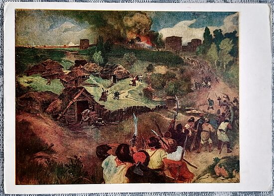 The Kyiv Uprising in 1113, 1956 Ivan Izhakevich 15x10.5 cm postcard Ukraine  