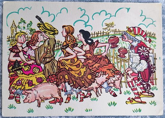 Ladies-in-waiting carefully count payment in kisses 1957 USSR children's postcard 15x10.5 cm  