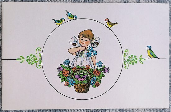Girl with a basket of flowers 1983 postcard March 8th USSR 14x9 cm  
