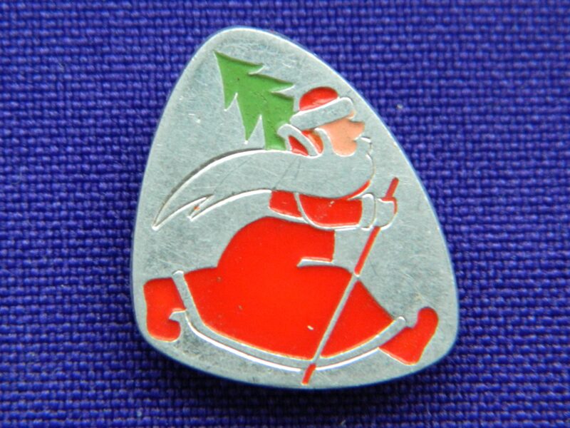 New Year's badge "Santa Claus with a Christmas tree". Souvenir of the times of the USSR.