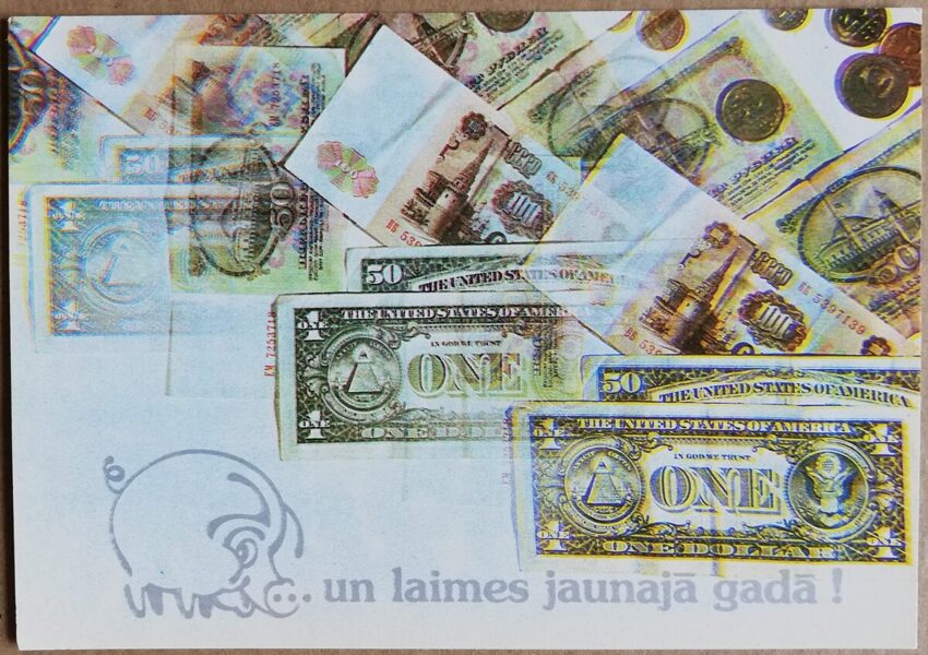 New Year card 1989 "Happiness in the New Year!" 15x10.5 cm Year of the Pig banknotes 