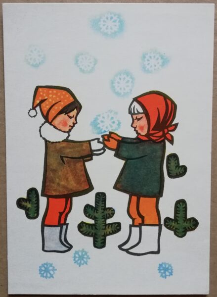 Postcard for children 1967 "Girls and Snowflakes" USSR 10x14 cm  