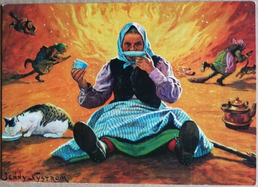 Apsveikuma pastkarte Glad påsk Lieldienu raganiņas startē Jenny Nyström zviedru maksliniece-ilustrators 15x10,5 cm