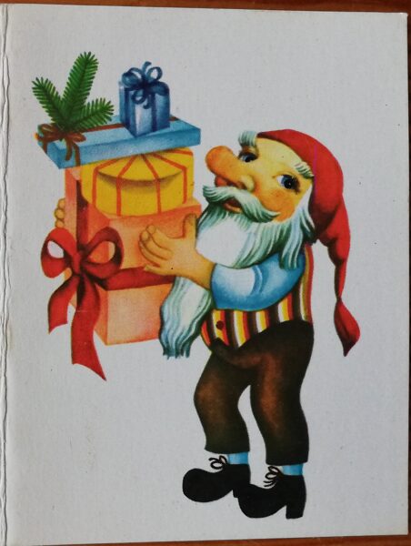 Laimīgu Jauno gadu! 1983 Rūķis un dāvanu kastes 7x9 cm Jaungada pastkarte Latvija  