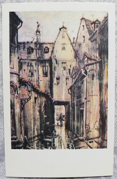 Janis Brekte 1981 Rainy day in the Old Town 9x14 cm art postcard Latvia  