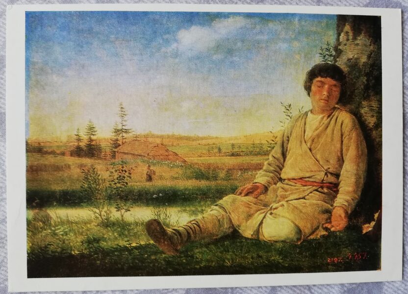 Alekseja Venecianova 1987 Miega gans zēns 15x10,5 cm mākslas pastkarte   