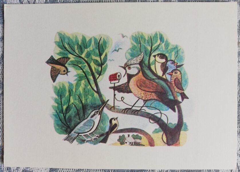 Bērnu PSRS pastkarte "Putnu radio mežā" 1978 15x10,5 cm padomju mākslinieks
