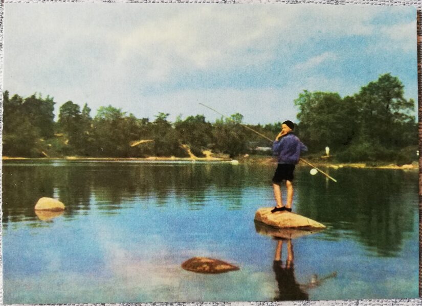 Ogre 1966 View of the Ogre River 14x10 cm postcard fisherman boy