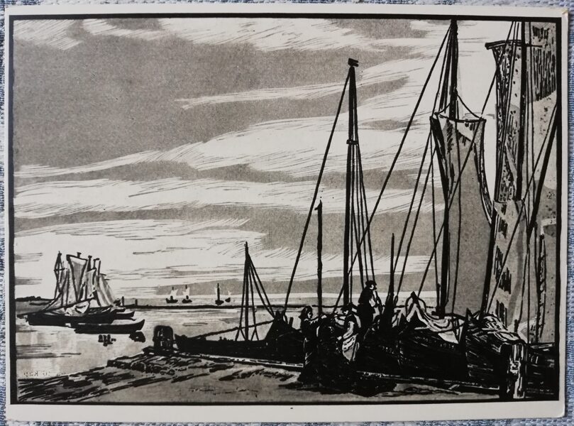Vladislava Chernyauskaite 1958 "Baltic Fishermen" art postcard 15x10.5 cm 