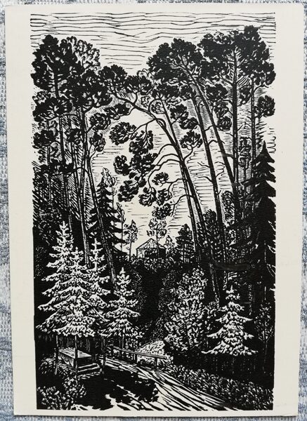 Pjatras Rauduve 1958 "Pie Birutas kalna Palangā" mākslas pastkarte 10,5x15 cm 