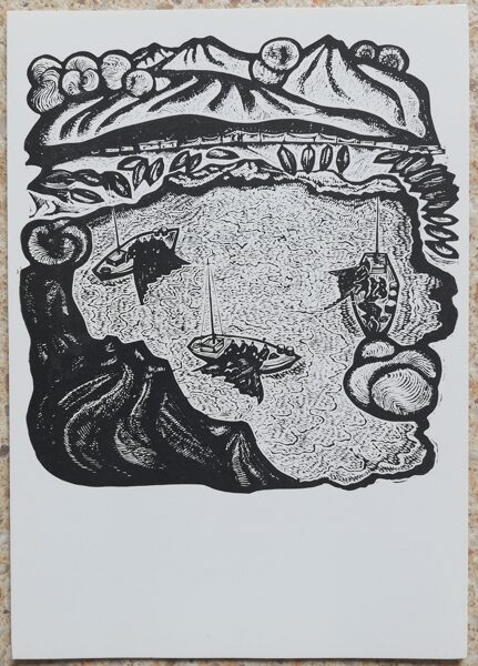 Jevgeņijs Kuzovkins 1975 "Isikul reģiona zvejnieki" linogriezuma mākslas pastkarte 10,5x15 cm 