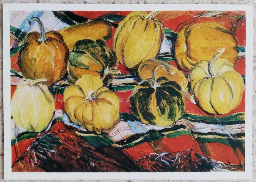 Mariam Aslamazyan 1974 "Pumpkins on a blanket" oil, cardboard art postcard 15x10.5 cm 