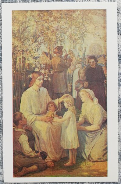 Janis Rozentals 1993 "Christ Blesses the Children" New Gertrude Church in Riga 9x14 cm art postcard