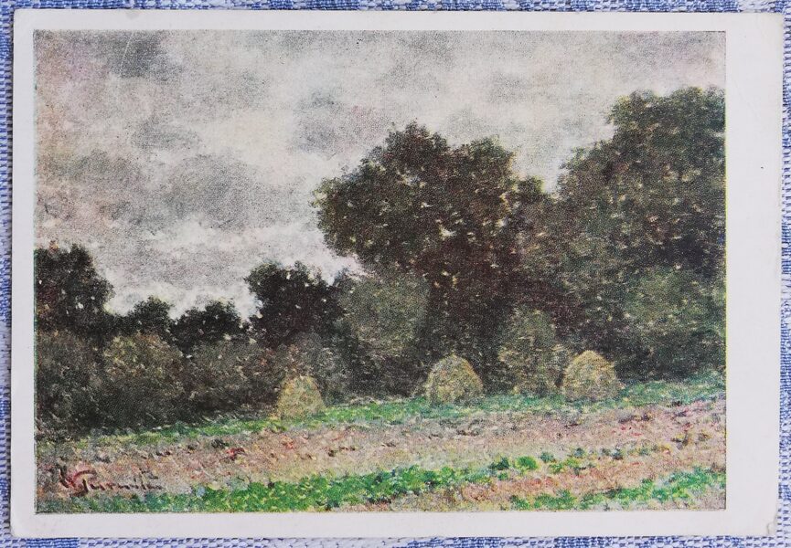 Wilhelms Purvitis 1954 "Landscape with Haystacks" 14x10 cm art postcard USSR 