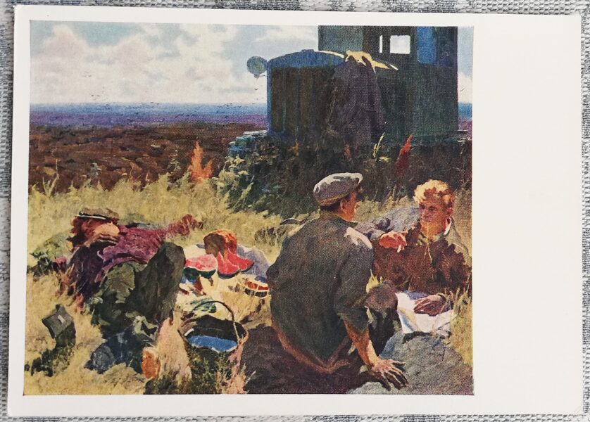 Viktors Kabanovs 1960 Pusdienlaiks uz neapstrādātas zemes 15x10,5 cm PSRS pastkarte  