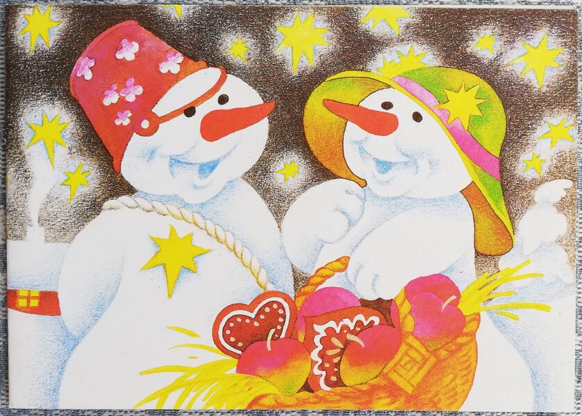 Snowmen with gingerbread 1988 New Year card 15x10.5 cm    