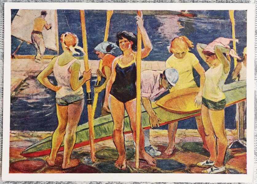 Galina Petrova 1961 "Sportswomen at the Water Base" art postcard 15x10.5 cm 