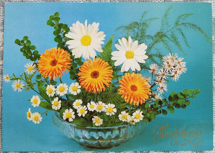 "Congratulations!" 1983 greeting card of the USSR Gerberas and daisies 15x10.5 cm 