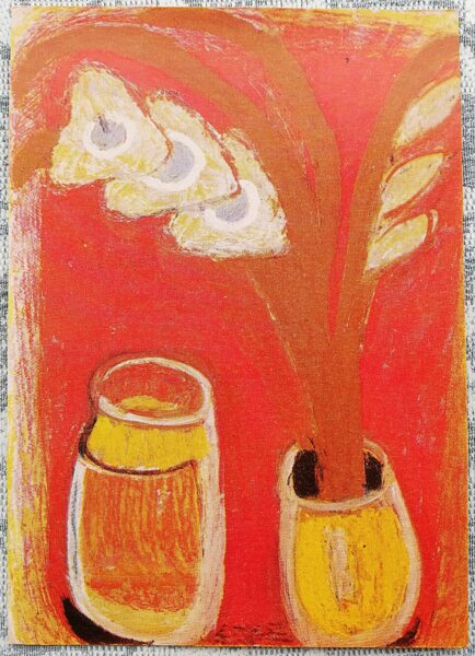 Valentīna Rusu-Čobanu 1971 "Ziedi uz sarkana fona" mākslas pastkarte 10,5x15 cm klusā daba  