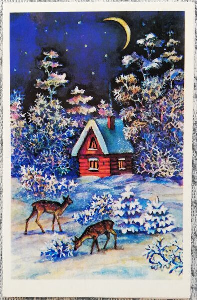 "Happy New Year!" 1989 New Year postcard USSR 9x14 cm Deer and a forest house 