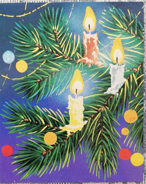"Happy New Year!" 1988 New Year card USSR 7x9 cm Candles on a branch  