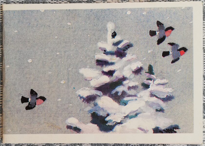 "Happy New Year!" 1988 New Year postcard of the USSR 10.5x7.5 cm Bullfinches 