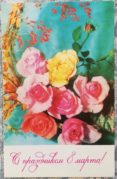 "March 8" 1971 postcard USSR 9x14 cm Roses and barberry 