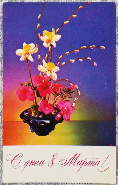 "March 8" 1974 postcard USSR 9x14 cm Willow and daffodils 