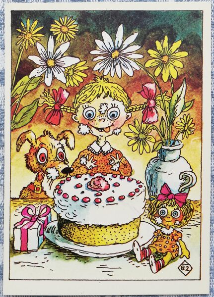 Postcard for children 1981 "Girl and Cake" USSR 10.5x15 cm Estonia Tallinn  