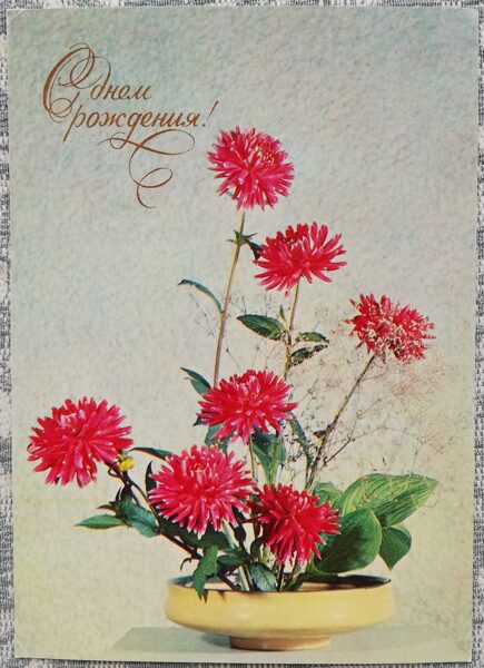 «С днём рождения!» 1976 Астры 10,5x15 см открытка СССР  