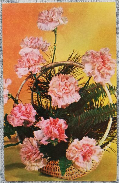"Happy birthday!" 1975 Basket with carnations 9x14 cm postcard USSR  