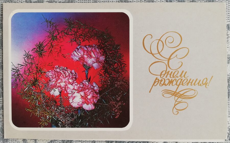 «С днём рождения!» 1989 Букет гвоздик 15,5x9,5 см открытка СССР  