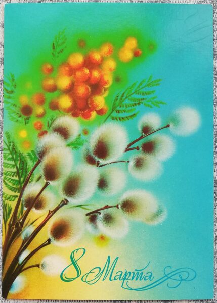 "March 8" 1982 Mimosa and willow branches 10.5x15 cm USSR postcard  